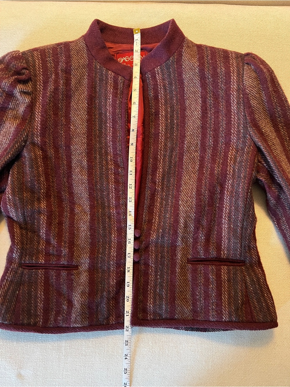 SASSON 100% Wool Mandarin Collar Cropped Stripe Jacket Burgundy Maroon | US M - Picture 3 of 11